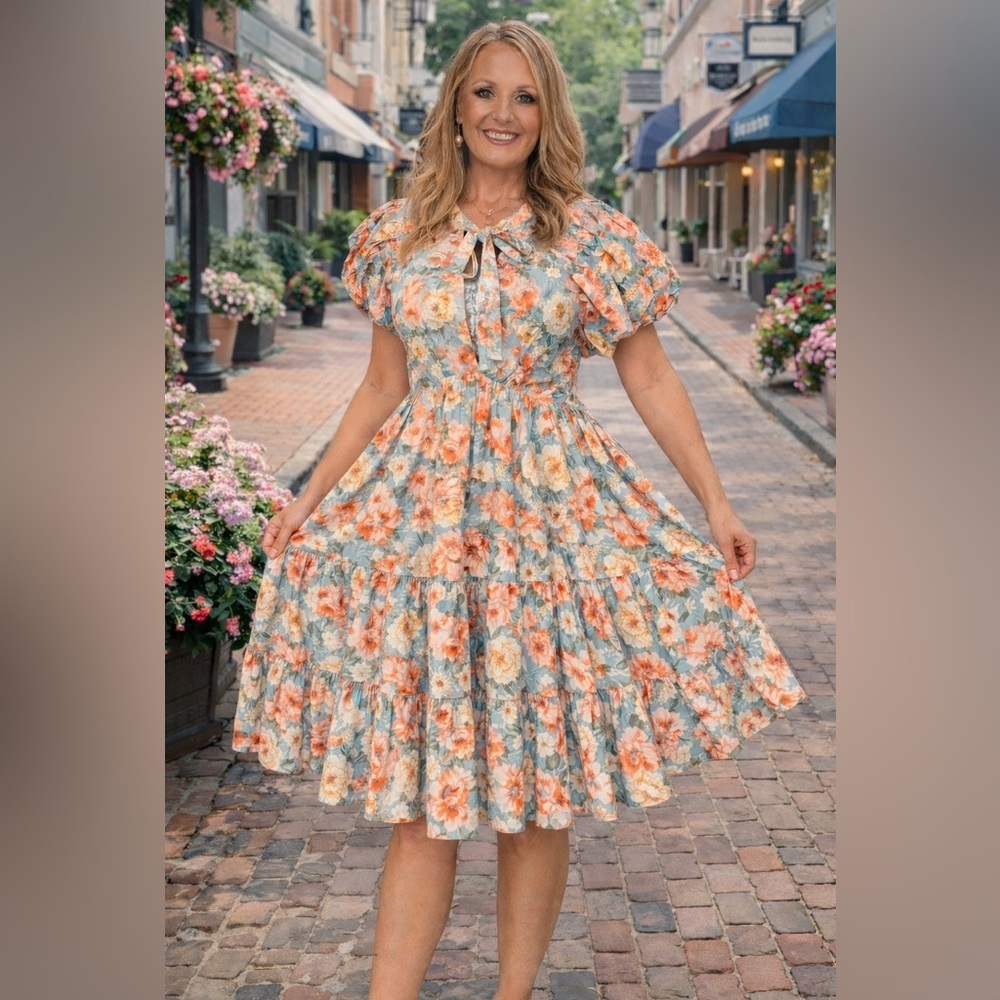 Listicle Blue & Peach Floral Keyhole Tie Neck Puff Sleeve Midi Dress Size S NWT